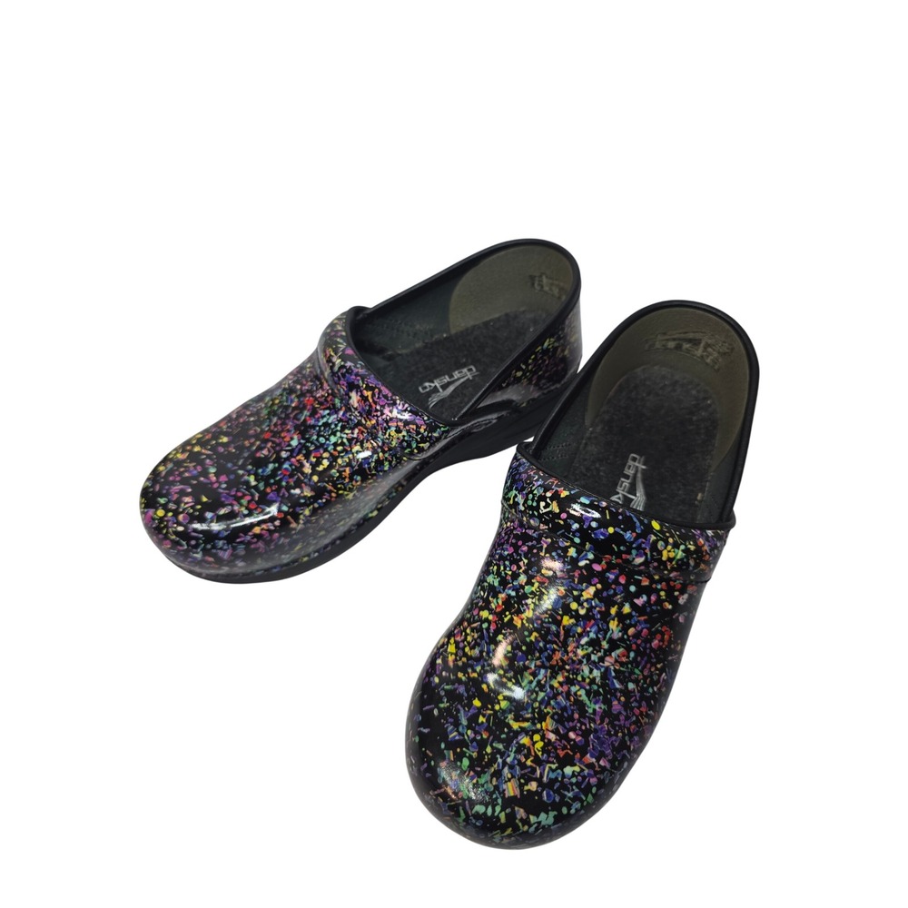 Dansko Professional Clogs Womens 37 Black Multi Color Paint Splatter Patent